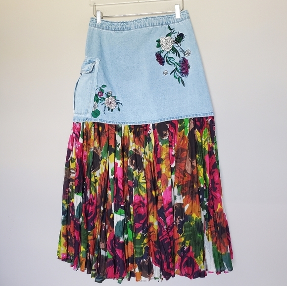 Upcycled H&M X Coachella Boho Cottagecore Embroidered Floral Denim Maxi Skirt - Picture 1 of 14
